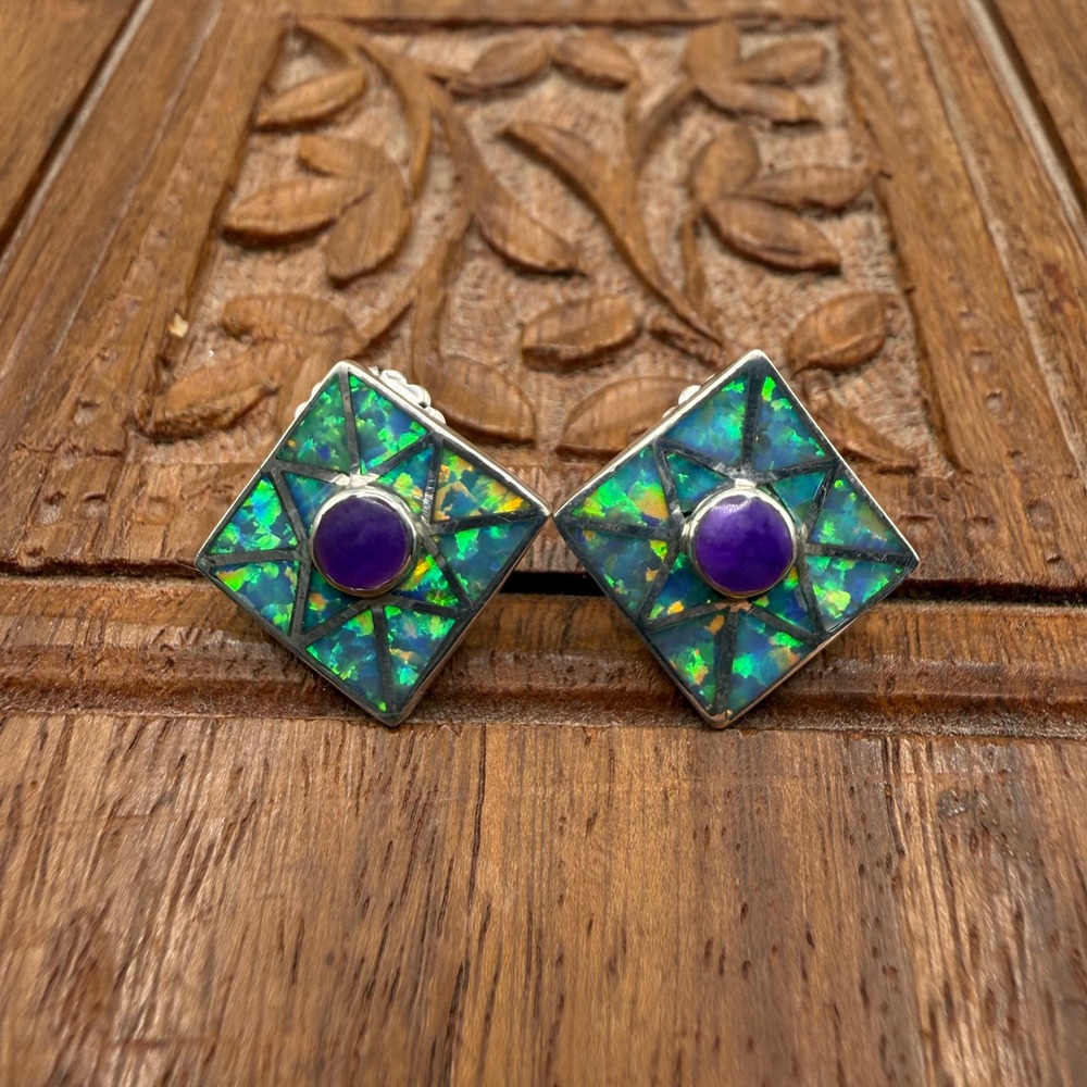 Signed David Freeland Jr Fire Opal Inlay Earrings Sterling Silver Designer